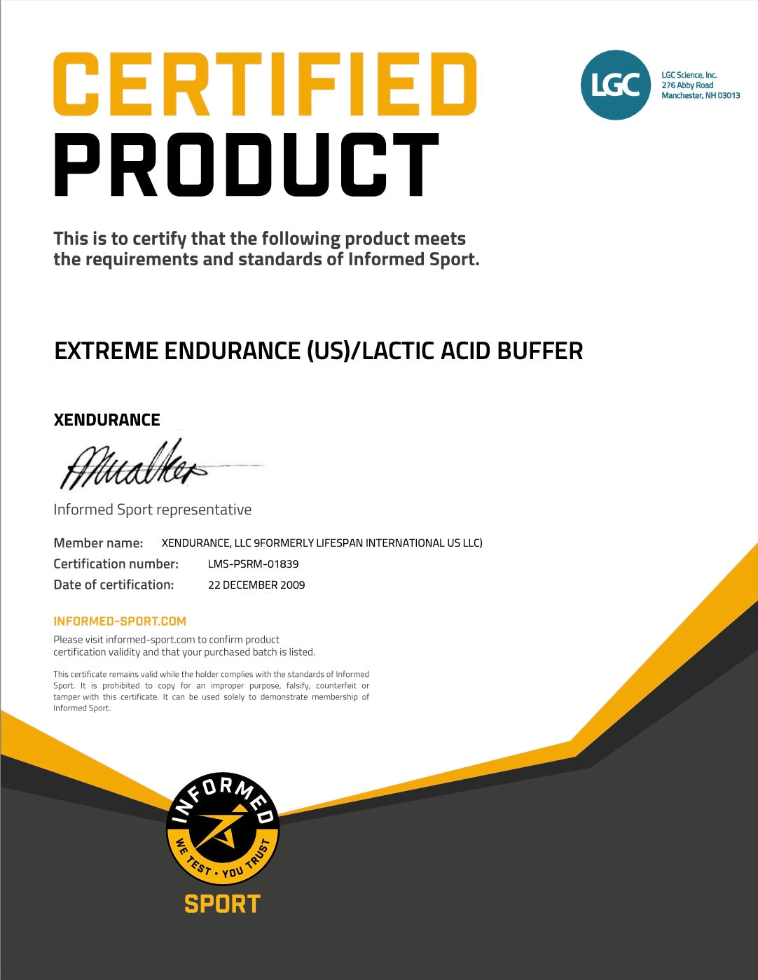 Lactic Acid Buffer Informed Sport Certificate